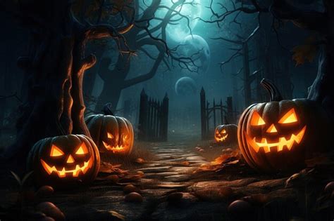 Fondo De Halloween Con Calabazas Aterradoras En Un Bosque Oscuro Foto