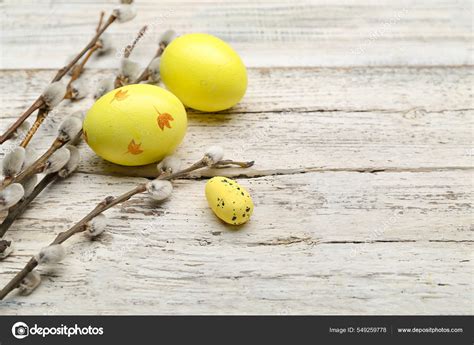 Painted Easter Eggs Pussy Willow Branches Wooden Background Stock Photo Serezniy 549259778