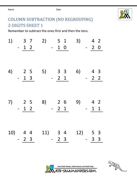 2 Digit Subtraction Worksheets