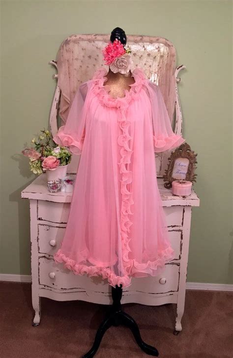 50s 60s Chiffon Candy Nightgown Set 1950s Pink Sheer Peignoir Ruffle