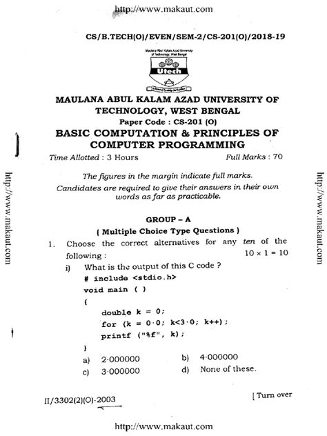 Btech Cs 201 Basic Computation And Principles Of Computer Programming