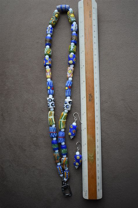 Krobo Bead Necklace Set Shades Of Blue Yellow Krobo Beads Etsy