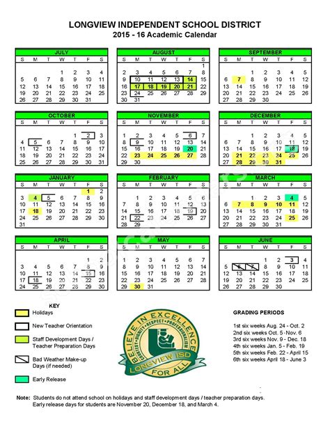 2015 - 2016 School Calendar | Longview Independent School District ...