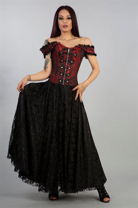 Paula Off Shoulder Victorian Corset Dress In Red King Brocade By