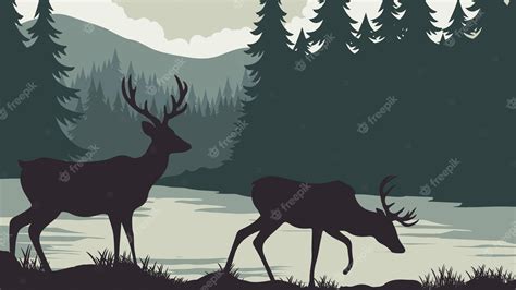 Premium Vector | Two deer eating grass by the river in the forest