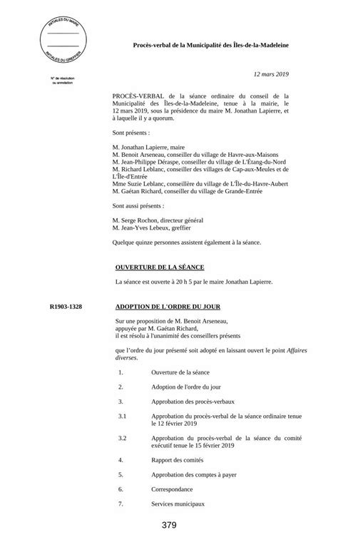 Pdf Proc S Verbal De La Municipalit Des Les De La Ance Mim