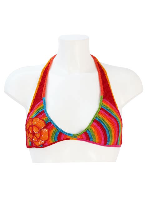 Multi Colour Striped Crochet Bikini With Sequin Floral Applique M Reign Vintage
