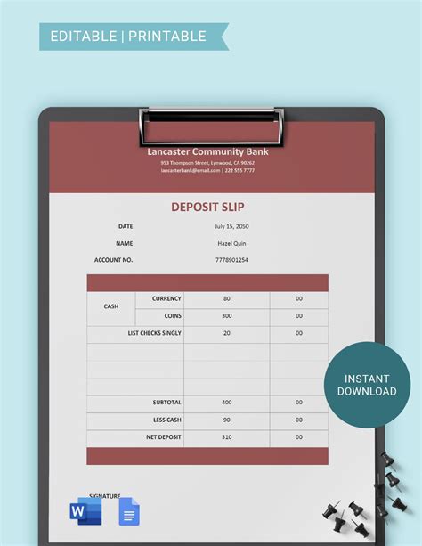 Deposit Slip Word Templates Design Free Download