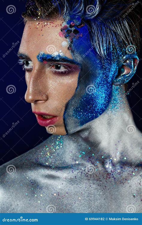 Crazy Young Androgyne Man With Face Art Spaceman Freak Person Stock