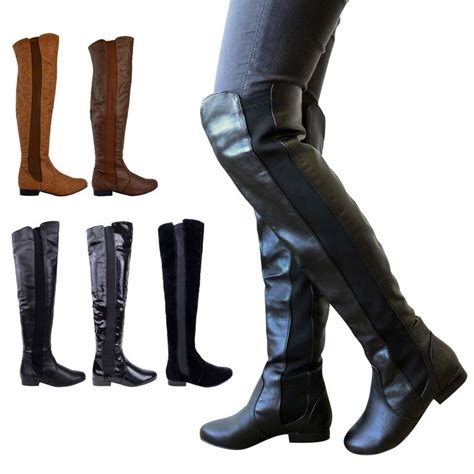 Damen Stiefel Flach Weites Bein Stretch Dehnbar Ber Dem Knie Hohe