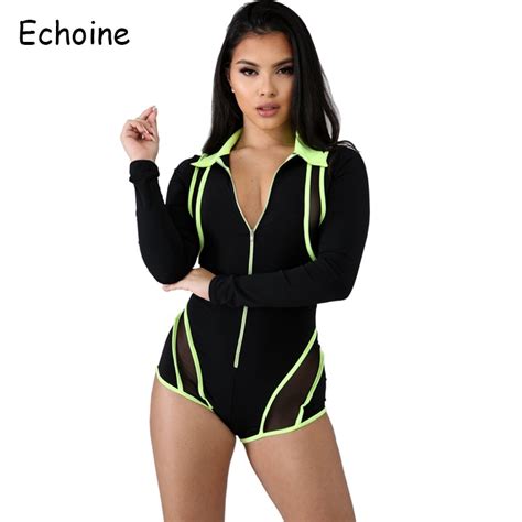 Echoine Women Jumpsuit Mesh Patchwork Color With Zipper Bodysuit Long