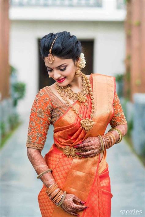 Fabulash Orange Color Waving Work Soft Silk Saree Wedding Blouse Designs South Indian Bridal