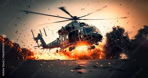 Air Crash Burning Falling Helicopter War Concept Military Scene Of