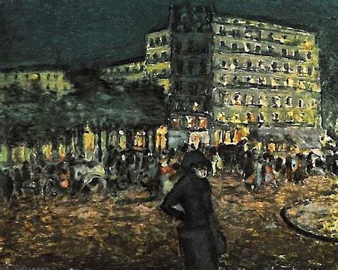 A Painting Of People Standing In Front Of A Large Building At Night