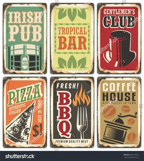 Vintage Style Signs. Retro Metal Signs Vector Set. Irish Pub, Pizzeria ...