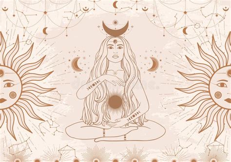 Hand Drawn Card Of Beige Mystical Woman With Sun Moon Star In Line