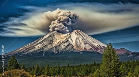 Photographs of Mount Shasta's eruption on the landscape. Automatic AI ...