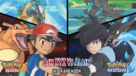 Pokemon Sun And Moon Kalos Ash Vs Alain Ash Charizard Vs Mega Charizard X Youtube