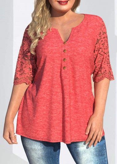 Plus Size Lace Patchwork Split Neck T Shirt