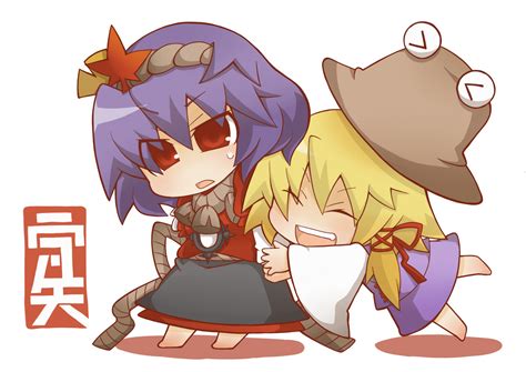 2girls Blonde Hair Chibi Gurageida Hat Moriya Suwako Purple Hair Red Eyes Touhou Yasaka Kanako