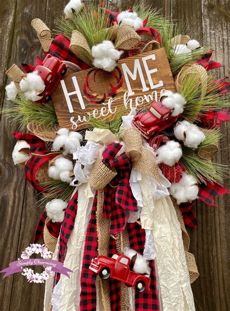 Everyday Cotton Wreath Red Truck Wreath Buffalo Plaid Wreath Rag Bow