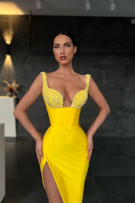 Daisda Mermaid Yellow Sequins Straps Prom Dress With Slit