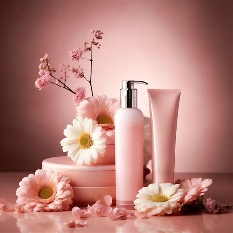 Premium Ai Image Beauty Products With Pink Flowers On A Soft Pink Background Cosmetic And