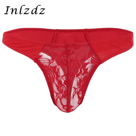 Mens Lingerie Thong Panties For Sex Low Rise Lace Floral Bulge Pouch G String Thong Bikini