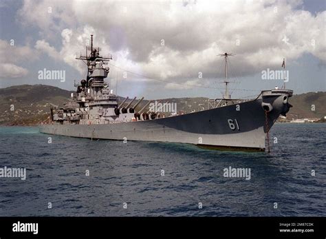 A Starboard Bow View Of The Battleship USS IOWA BB 61 At Anchor Off