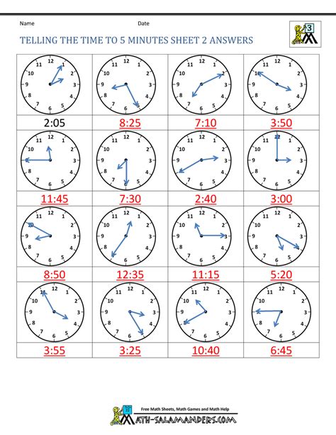 Telling Time Clock Worksheets To 5 Minutes