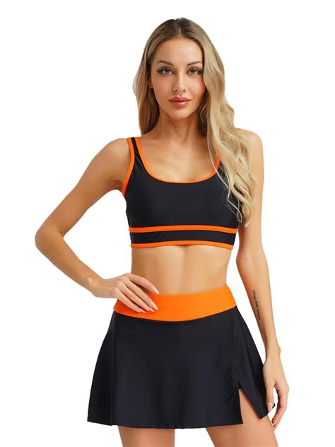 Doomiva Women Athletic Swimsuit Tankini Set Swim Crop Top With Skirts Coverup Bikini Bathing