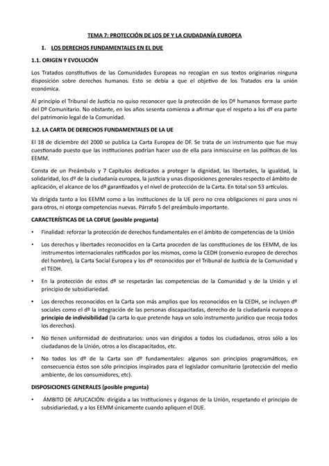 TEMA 7 DERECHO DE LA UNION EUROPEA TEMA 7 PROTECCIÓN DE LOS DF Y