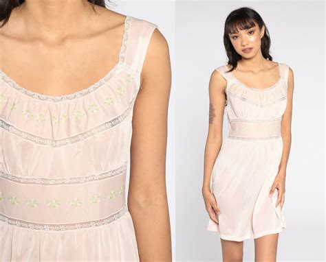 70s Lingerie Nightgown Sheer LACE Babydoll Slip Dress Pale Pink 1970 Shop Exile Tucson AZ