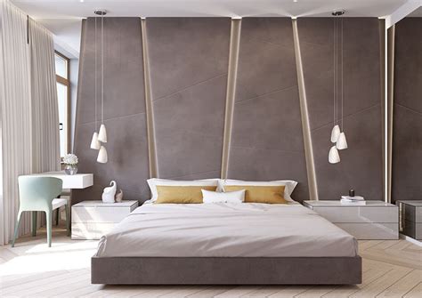 The angular upholstered headboard in this modern bedroom almost takes ...