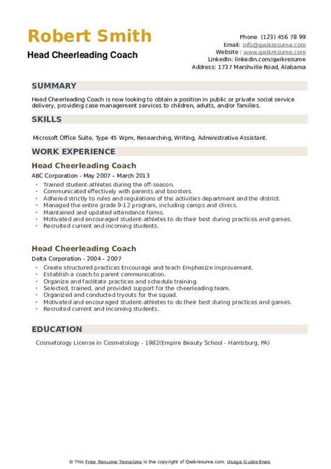 Head Cheerleading Coach Resume Samples Qwikresume