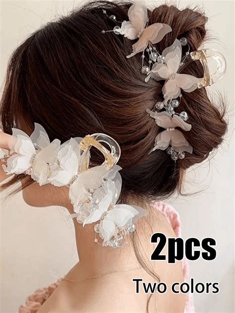 2pcs Women S White Butterfly Design Sweet Hair Claw Clip For Updo