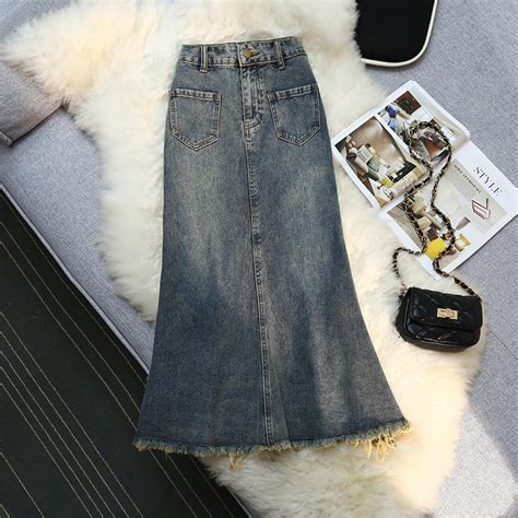 Jual Biru Retro Highwaist Fishtail Denim Rok Rok Jeans Panjang Sedang