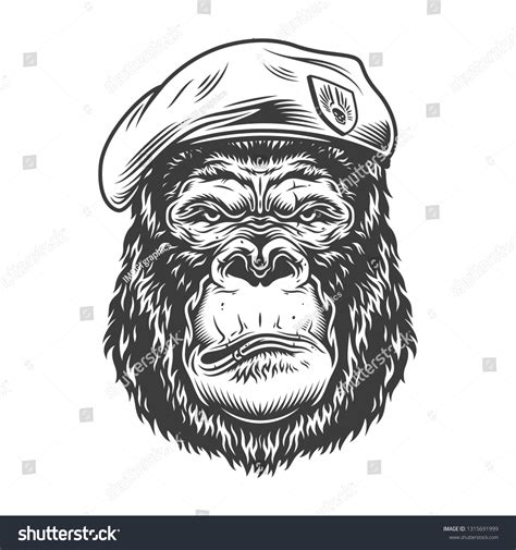 Serious Gorilla Monochrome Style Beret Illustration Stock Illustration