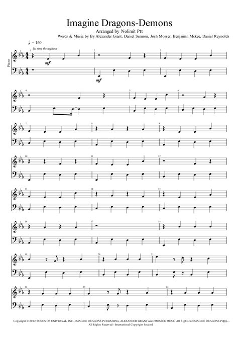 Demons Arr Nolimit Ptt Sheet Music Imagine Dragons Piano Solo