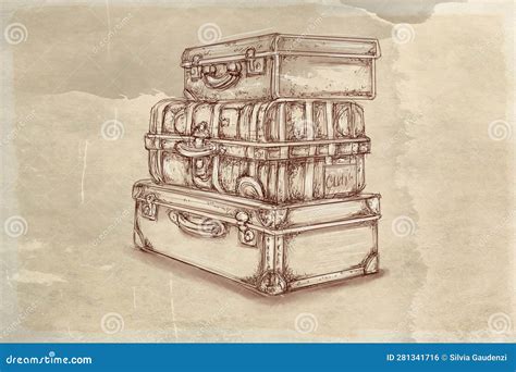 Suitcases In Vintage Style Hand Drawn Illustration Vector Stock