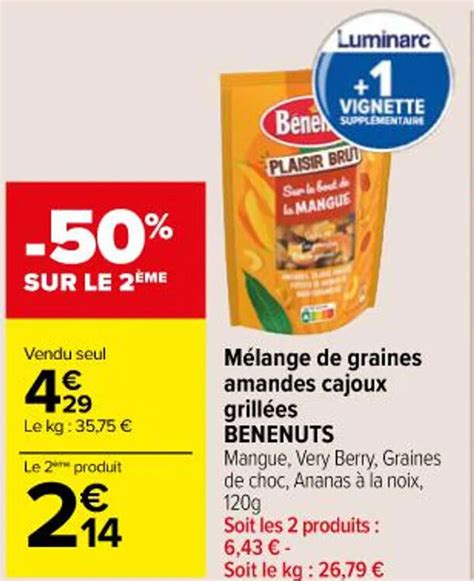 Promo Mélange de graines amandes cajoux grillées BENENUTS Mangue Very