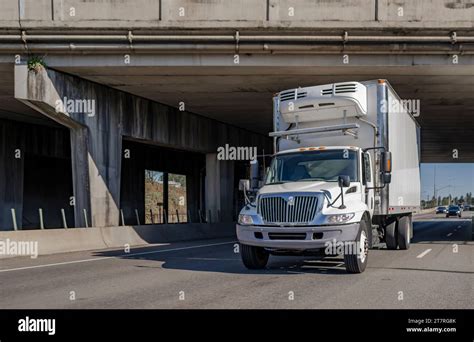 Industrial White Day Cab Middle Duty Local Carrier Rig Semi Truck With Refrigerated Box Trailer