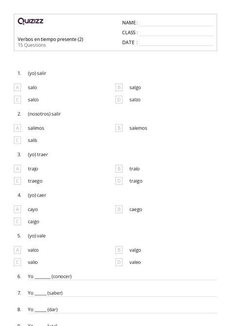 50 Verbos En Tiempo Presente Hojas De Trabajo En Quizizz Gratis E