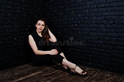 Portrait Of A Beautiful Brunette Girl In Black Jumpsuit Stock Image Image Of Attractive