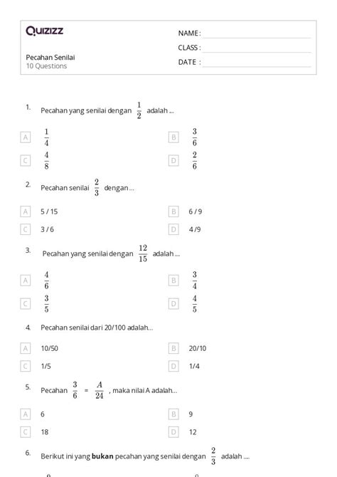 Lembar Kerja Pecahan Untuk Kelas Di Quizizz Gratis Dapat Dicetak