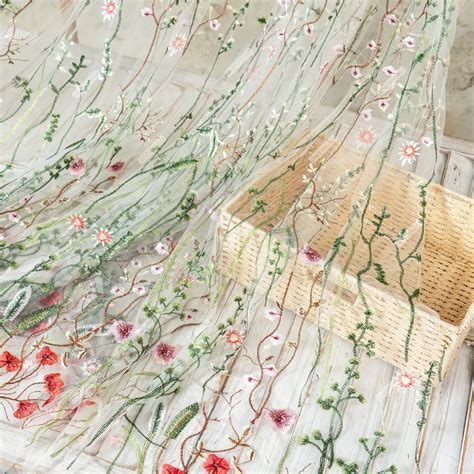 Natural Plant Floral Embroidery Nude Mesh Fabric Oneyard