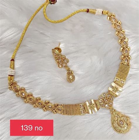 Party Wear Golden Artificial Gold Plated Brass Necklace Set Size Free