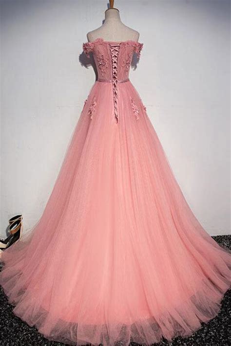 Elegant Tulle Prom Dress Pink Long Party Dress Off Shoulder Prom