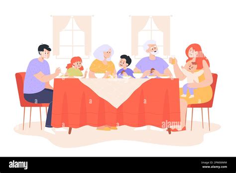 Gran familia sentada en la mesa y comiendo ilustración vectorial plana