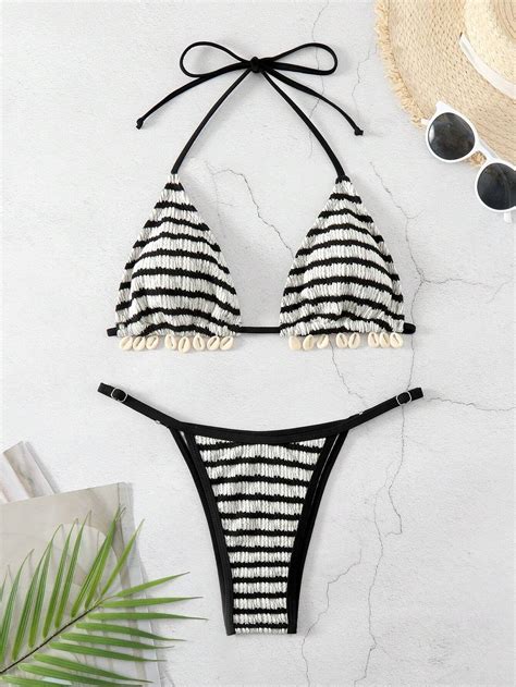 Shein Swim Summer Beach Women S Halter Neck Thin Straps Black White Striped Bikini Set Music